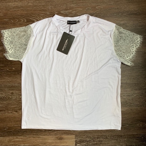 Pretty Little Thing White Tee with Lace Sleeves 10 - Picture 2 of 5